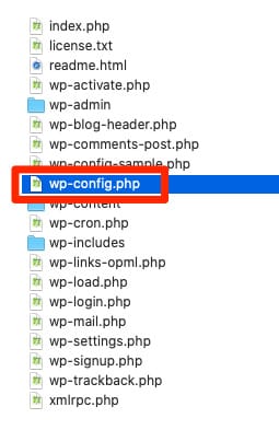 プラグインを使わずWordPressのドメイン変更をする方法_FTPでサーバーにアクセスし、「wp-config.php」という名前のファイルを探し、同じ階層にあるすべてのファイルとディレクトリをダウンロードしてパソコンに保存