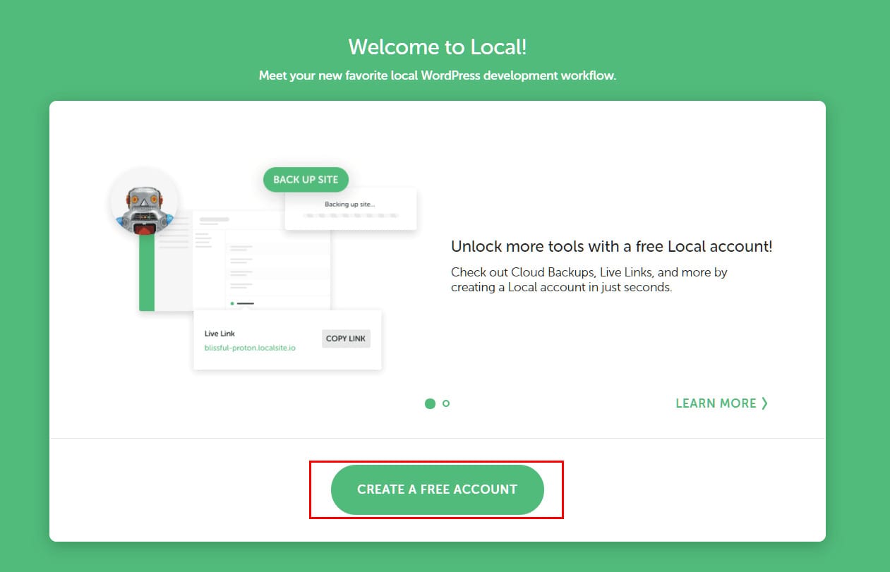 ローカル環境を構築できるツール「Local」のアカウント作成画面