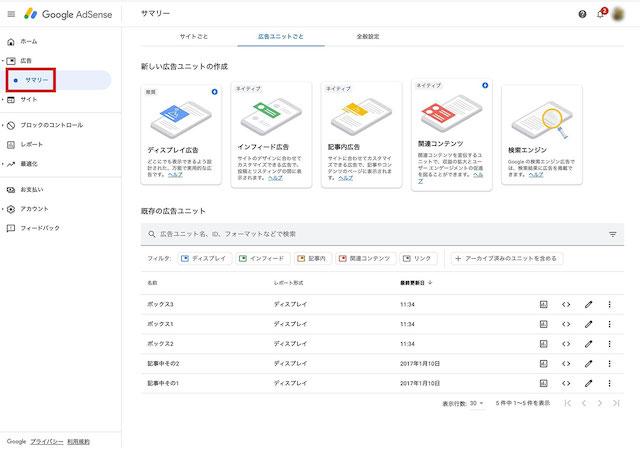 Googleアドセンスのサマリーページのキャプチャ